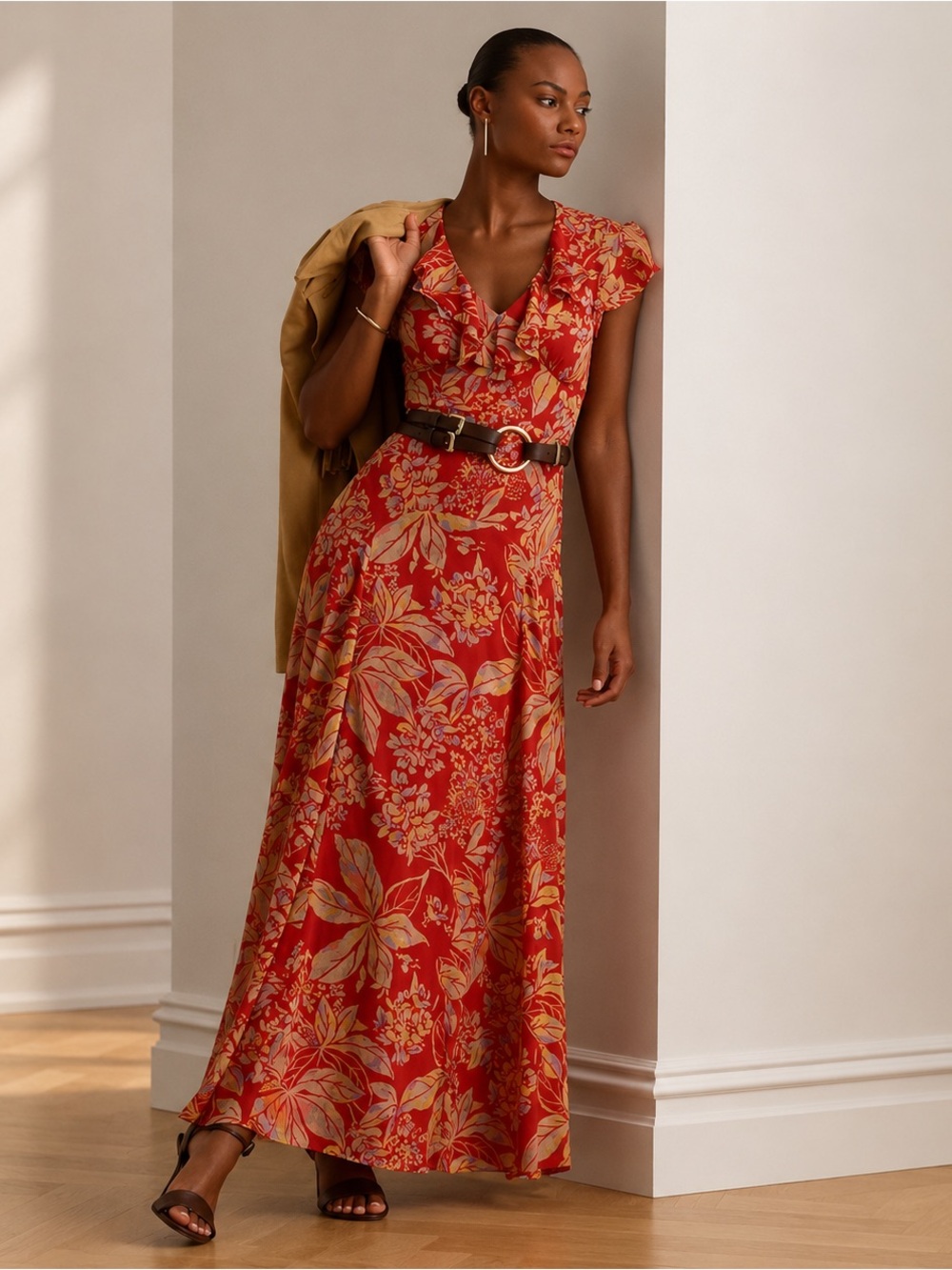 NWT Lauren Ralph Lauren Red Floral Printed Empire-Waist Belted Maxi Dress